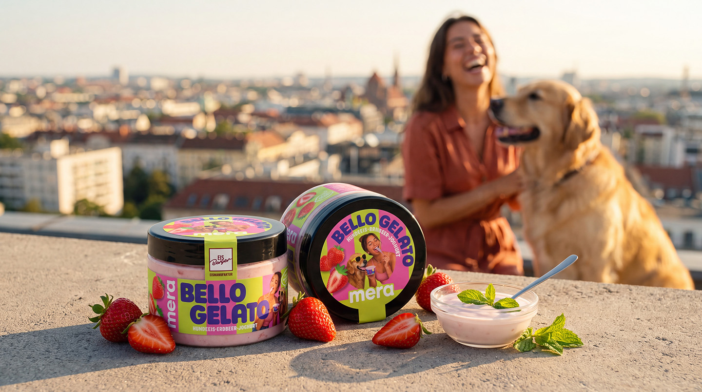 Bello Gelato auf einem Dach mit Frau und Golden Retriever vor einer Stadt